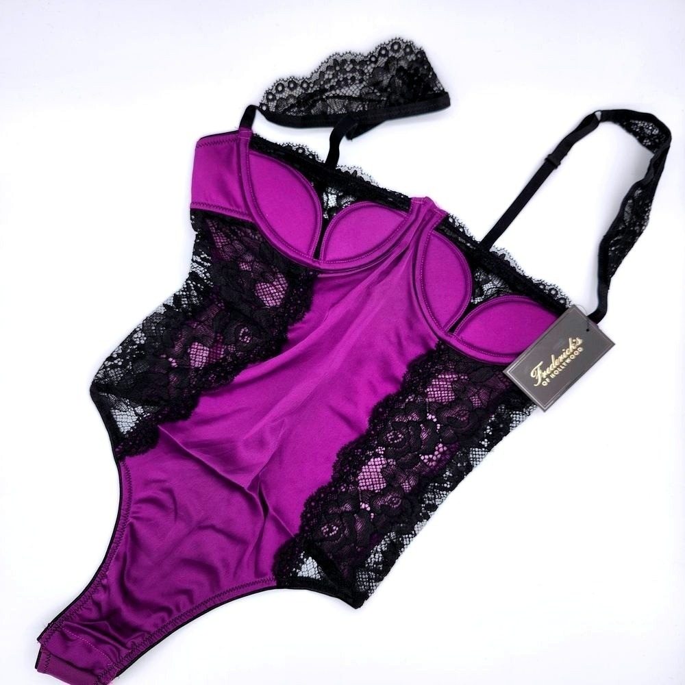 Fredericks of Hollywood Ilana Bodysuit Purple Black Lace Underwire Lingerie NWT - Picture 3 of 4